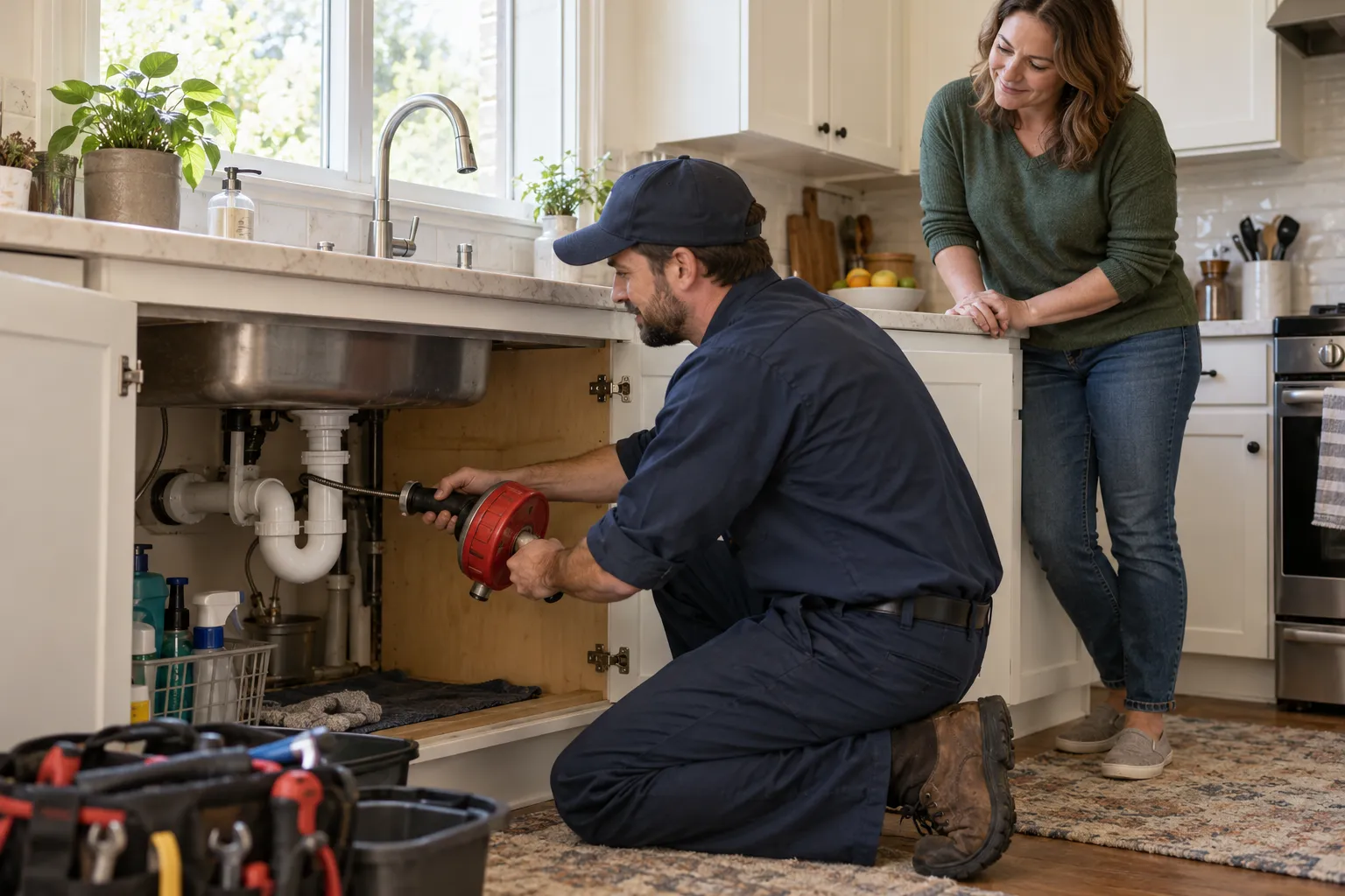 Provider clearing a slow kitchen drain for a homeowner in the California area